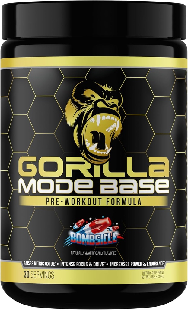 Gorilla Mind Base Pre Workout - Raises Nitric Oxide Intense Focus & Drive Endurance Power - L-Citrulline, L-Tyrosine, Betaine, Alpha-GPC, Caffeina, Huperzine A - 360 Grammi (Bombsicle)