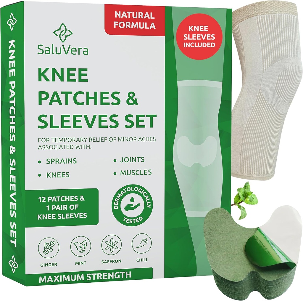 Patch per ginocchiere con 2 maniche a compressione - Patch di sollievo auto-riscaldante per uomini e donne, ingredienti naturali per il supporto rilassante (12 Patch + 2 maniche a compressione)