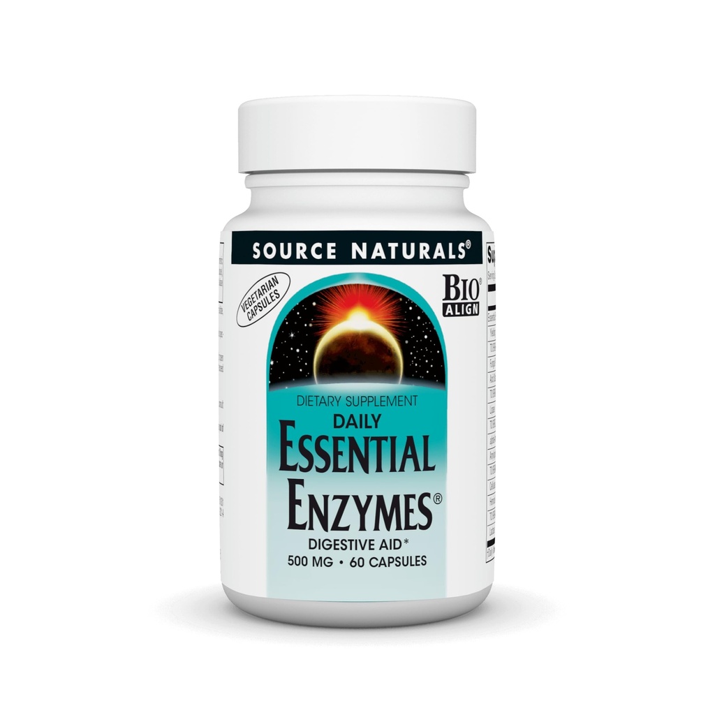 Sorgente Naturals Essential Enzymes 500mg Bio-allineato Supplemento di enzimi multipli Difesa a base di erbe per la digestione, gas, costipazione & Bloating Relief - Supporta il sistema immunitario* - 60 capsule vegetariane