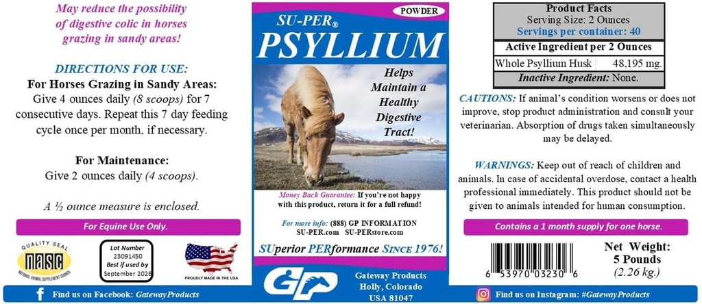 SU-PER Psyllium Horse Digestion Supplemento - Mantiene il tratto digestivo sano in cavalli - Supporta la rimozione di sabbia e sporco dal tratto intestinale - 5 Pound, (2 Pack)