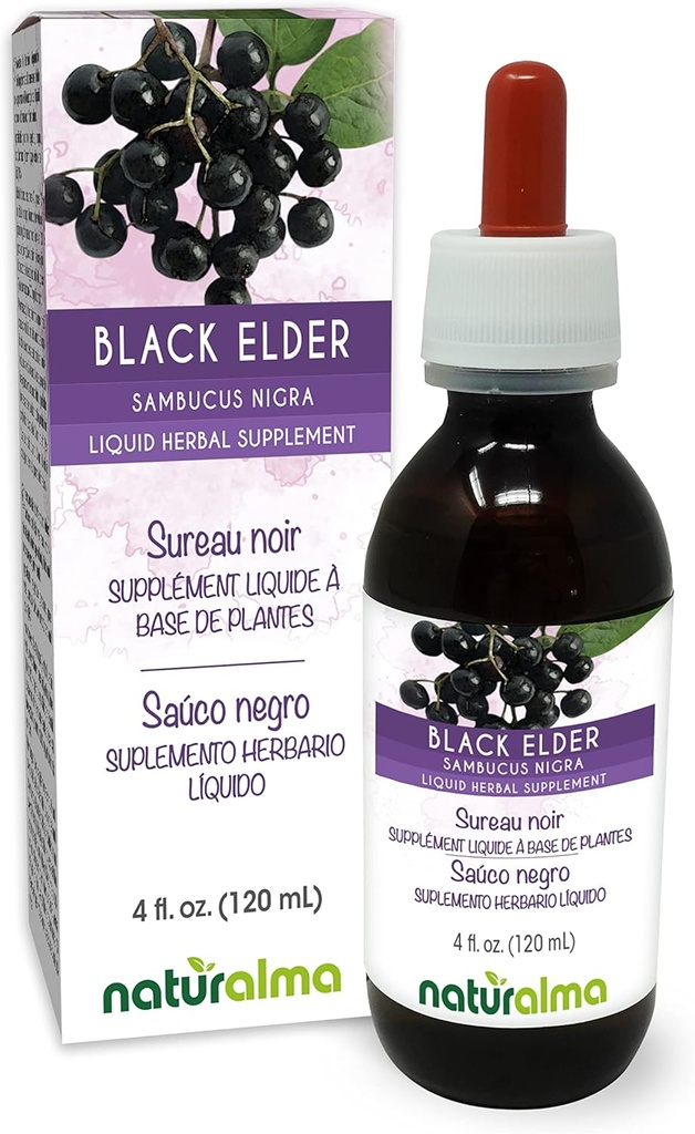 Naturalma Black Elder (Sambucus nigra) Fiore (Elderflower) e frutta (Elderberry) Alcol-Free Tincture - 4 fl oz Liquid Extract in Drops - Integratore di erbe - Vegan