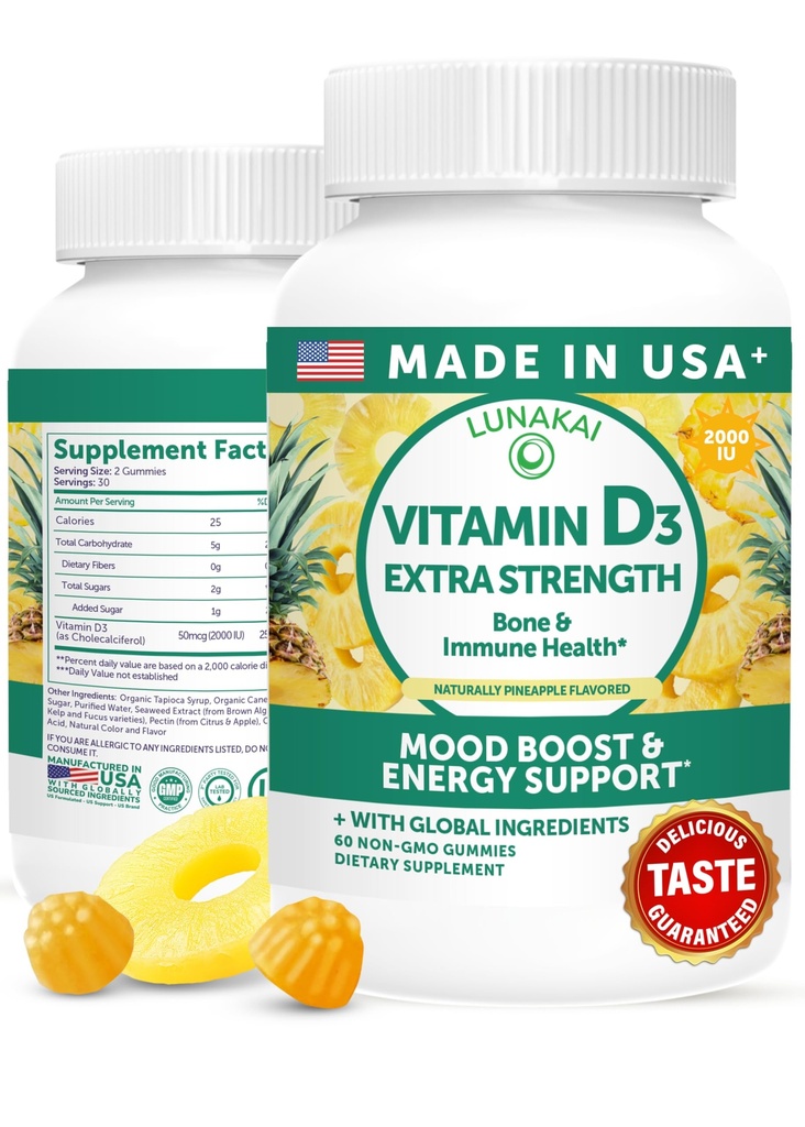 Lunakai USA Fatto Vitamina D3 Gummies 2000 IU - Non OGM, Gluten-Free Vitamin D Gummies per le donne e gli uomini - Bone, Immune & Energy Support, 60ct