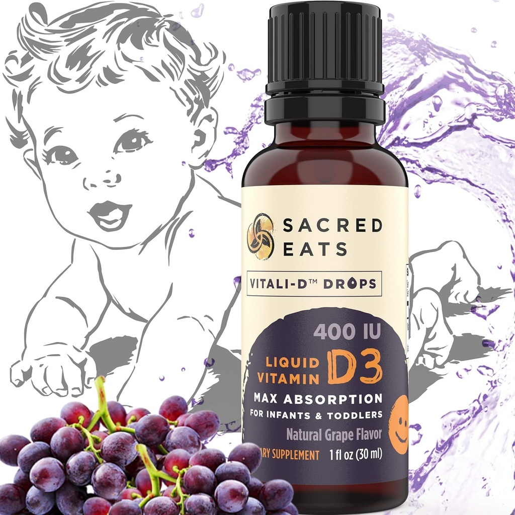 Gocce di vitamina D per neonati - 400 IU per goccia, naturale e zucchero libero in olio MCT per migliore assorbimento. 880 Serve. Facile da prendere liquido D3 supplemento per bambini e bambini (Grape)