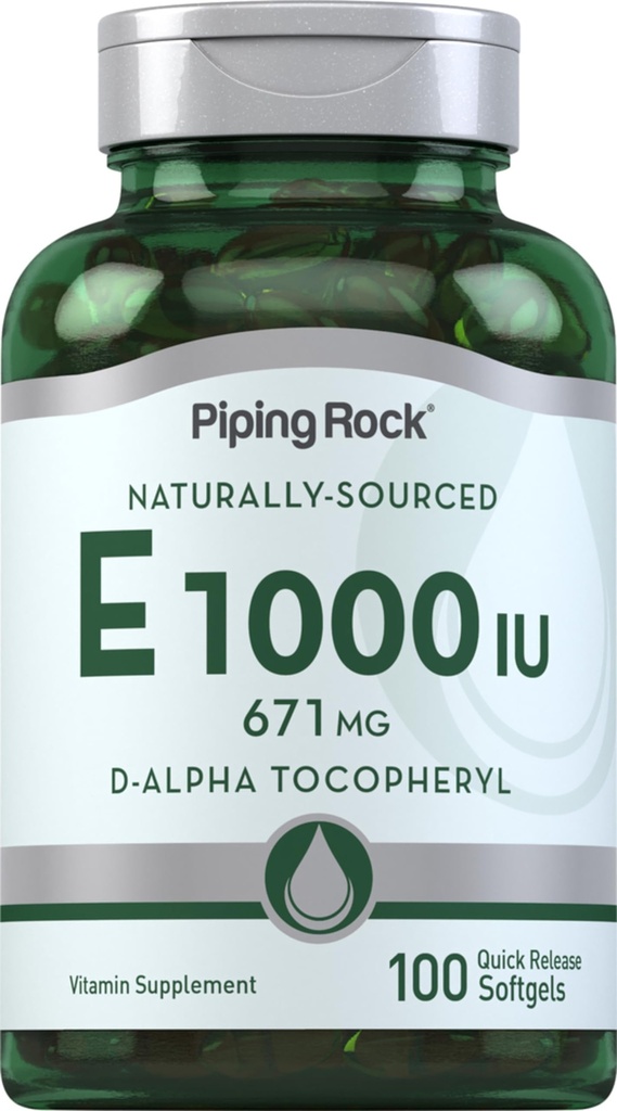 Piping Rock Vitamin E 1000 IU Softgel Capsule | 671mg | 100 Pills | D-Alpha Tocopheryl Supplement | Non OGM, Gluten Free