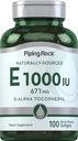 Piping Rock Vitamin E 1000 IU Softgel Capsule | 671mg | 100 Pills | D-Alpha Tocopheryl Supplement | Non OGM, Gluten Free