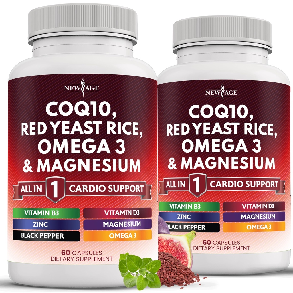 NUOVO AGE COQ10 200mg Riso rosso lievito 3000mg Omega 3-6-9 3000mg Magnesio Complesso 500mg Zinco Vitamina K2 D3 - Vitamine per le donne e gli uomini con vitamina B3, Coenzima Q10-120 Conte
