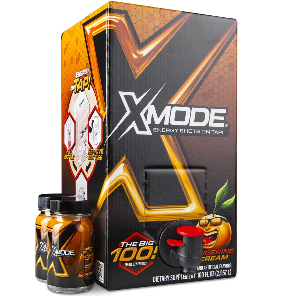 XMODE Extra Strength Energy Shots on Tap - Tangerine Flavor, Sugar Free, 150mg Caffeina per oz, B12, 100 (1oz) Serve, Dispenser con 2 bottiglie ricaricabili