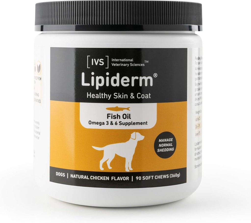 Nuovo Veterinario Internazionale Scienze IVS Lipiderm Pelle e Cappotto Pesce Olio Omega 3 e 6 Cani Integratori Alimentari, Made in the USA (Soft Chews, 90 Count)