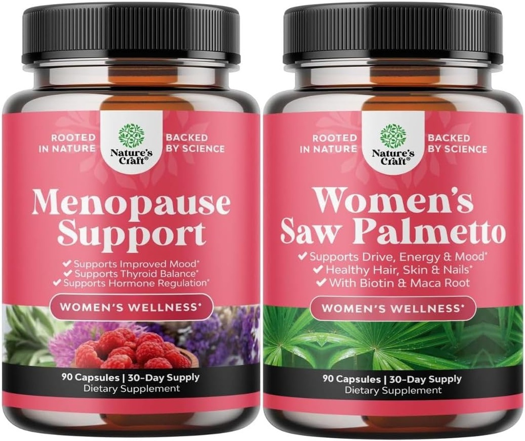 Bundle di Menopause Supplemento per Flash Caldi con Dong Quai Vitex Chaste Berry & Black Cohosh & Extra Strength Saw Palmetto per le donne 500mg - DHT Blocker Perdita dei capelli Supplemento con Maca Root & Biotin