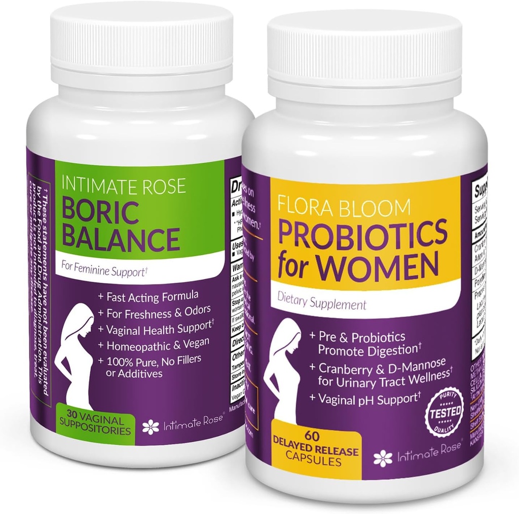 Intimo Rose Combo Pack! Flora Bloom Probiotici per le donne (una bottiglia) e Boric Balance Boric Acid (una bottiglia) 2 Pack