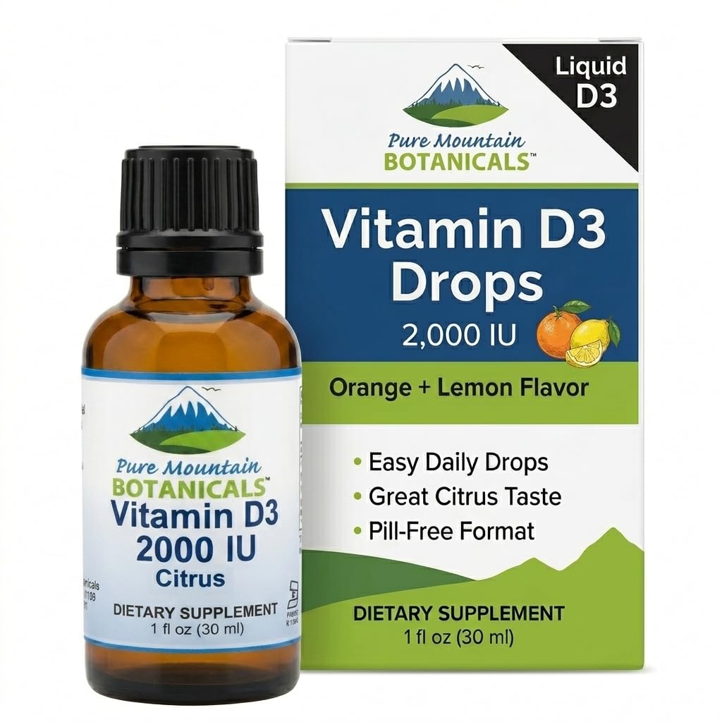 Pure Mountain Botanicals Aromaed Vitamina D Gocce – Arancione e Limone Aromaed Liquid Vitamina D3-2000iu per Serve - 1oz Bottiglia