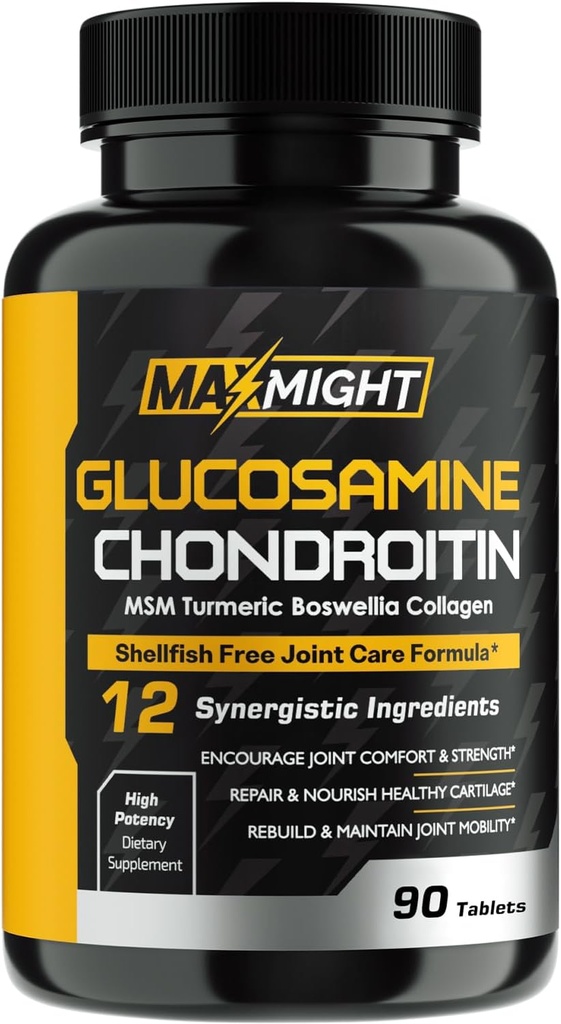Glucosamina Condroitin MSM Turmeric, Boswellia, 12-in-1, Comfort congiunto, Mobilità, Lubrificazione e resistenza per uomini donne & senior, 90 Tab, No Shellfish