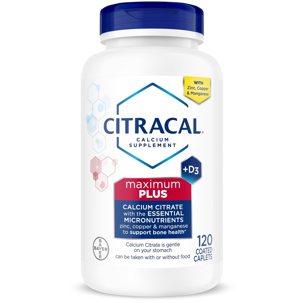 Citrale Massimo Plus, 650 mg Citrato di Calcio, facilmente assorbito e altamente solubile con 25 mcg (1000 IU) Vitamina D3, Bone Health Support, Calcium Supplement per Età 12+, 120 Conteggio (Packaging May Vary)