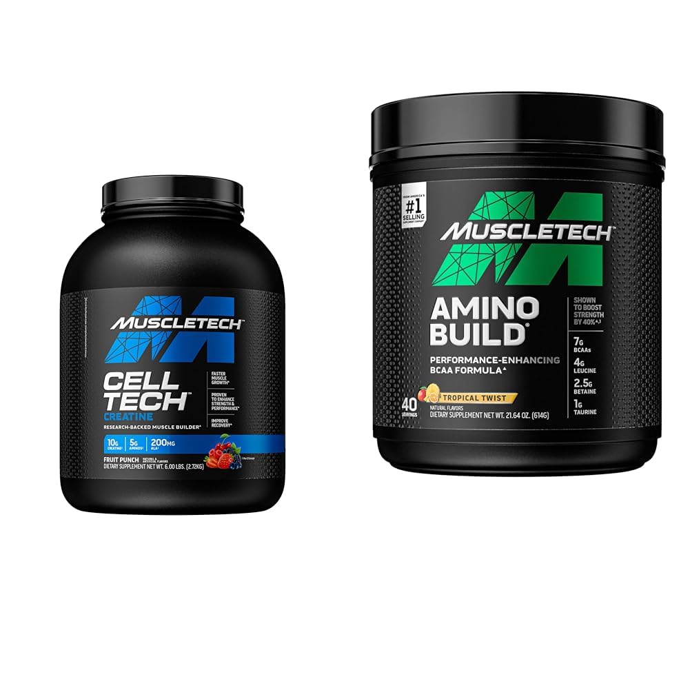 MuscleTech Creatina monoidrato polvere Cell-Tech Creatina polvere | Post Workout Recovery Drink & BCAA Aminoacidi + polvere di elettrolita, Amino Build, 7g di BCAA + elettroliti