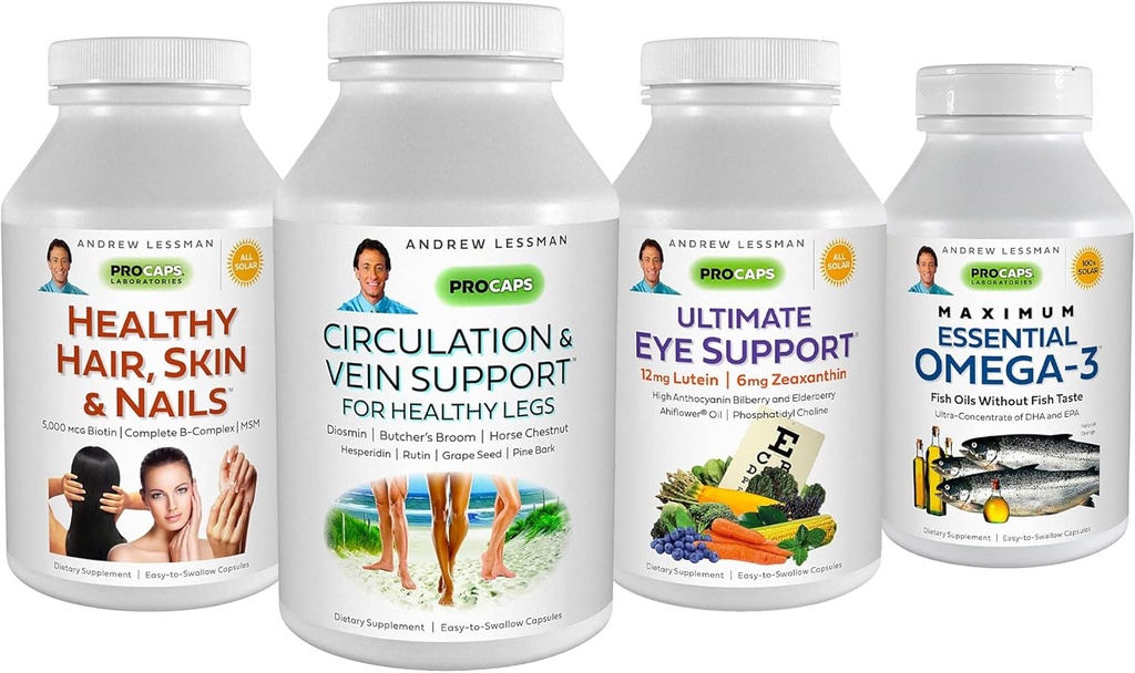 ANDREW LESSMAN 4 Product Customer Favorites Bundle - 60 Count Ciascuna di Circulation & Vein Support, Capelli sani, Pelle e Unghie, Ultimate Eye Support, and Maximum Essential Omega-3 (Orange)