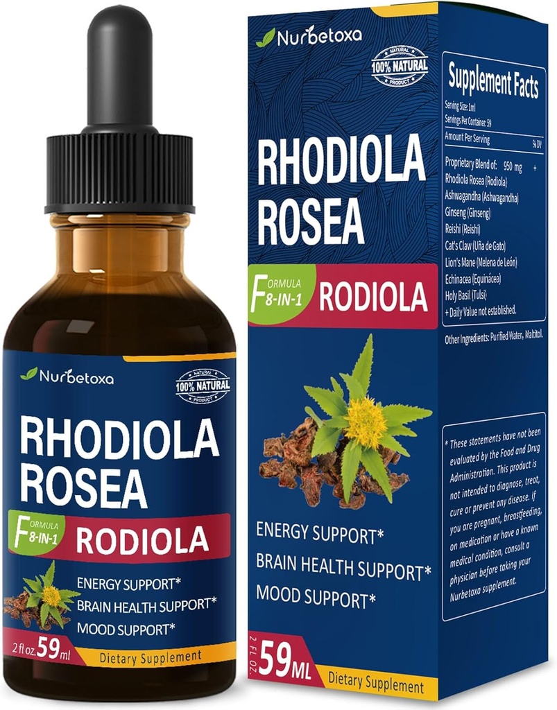 Rhodiola Rosea (Rodiola) Gocce di estratto, Supplemento naturale di adaptogen/W Ashwagandha, Ginseng, Santo Basilio, & Echinacea per l'energia, Salute del cervello, Immunty & Mood Support. 2oz