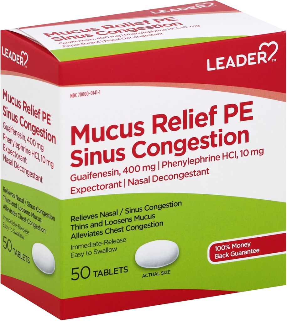 Leader Mucus Relief PE Sinus Congestion, Expectorant; Nasal Decongestant, Thins and Loosens Mucus, Immediate-Release, Alleviates Chest Congestion, 50 compresse