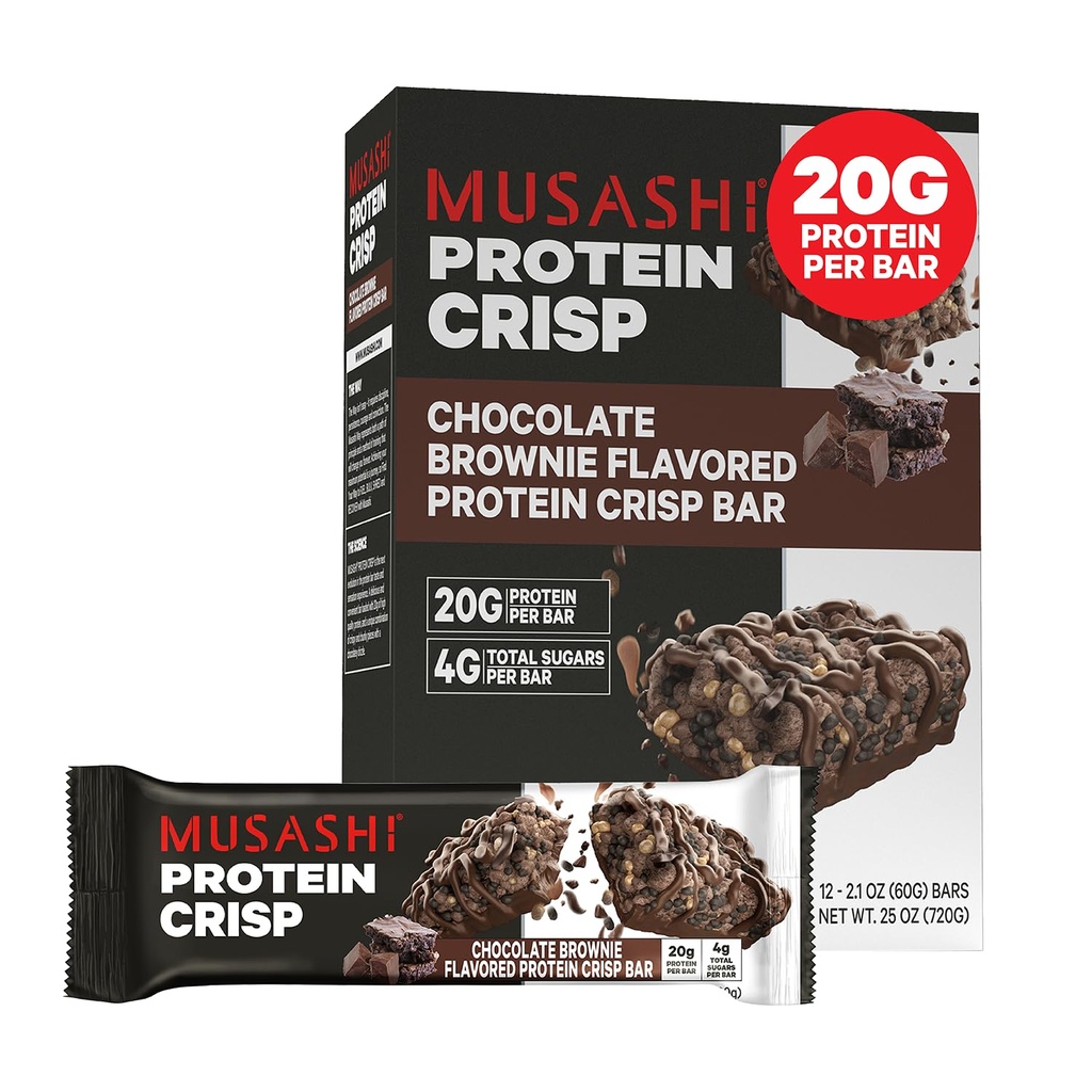 MUSASHI Protein Crisp Bar, 20g Protein, 4g Total Sugars, Chocolate Brownie, Post Workout e Snack On The Go, 12 Pack of 2.1oz (60g) Bar