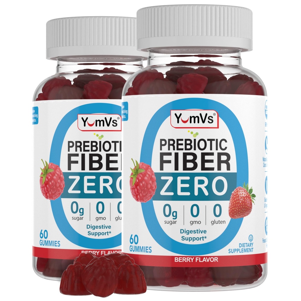 Gummie di fibre prebiotiche gratuite per adulti e bambini - Aroma di bacche - Kosher Halal 4g High Fiber Supplemento per donne e uomini - Fibra giornaliera per la salute digestiva (60 conte, 2PK)