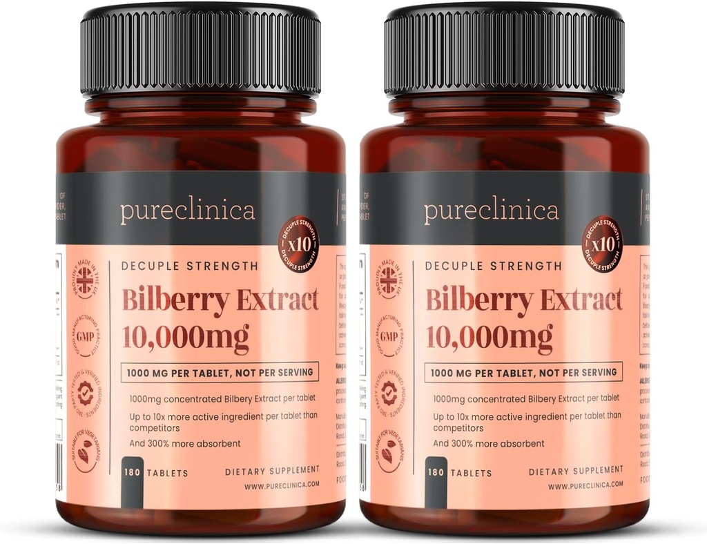 pureclinica Bilberry Extract 10.000mg x 360 compresse (2 bottiglie) - 10 X Più Anthocyanidins per Tablet rispetto alla maggior parte degli altri - e 5mg Black Pepper Extract per il 300% di assorbimento aumentato
