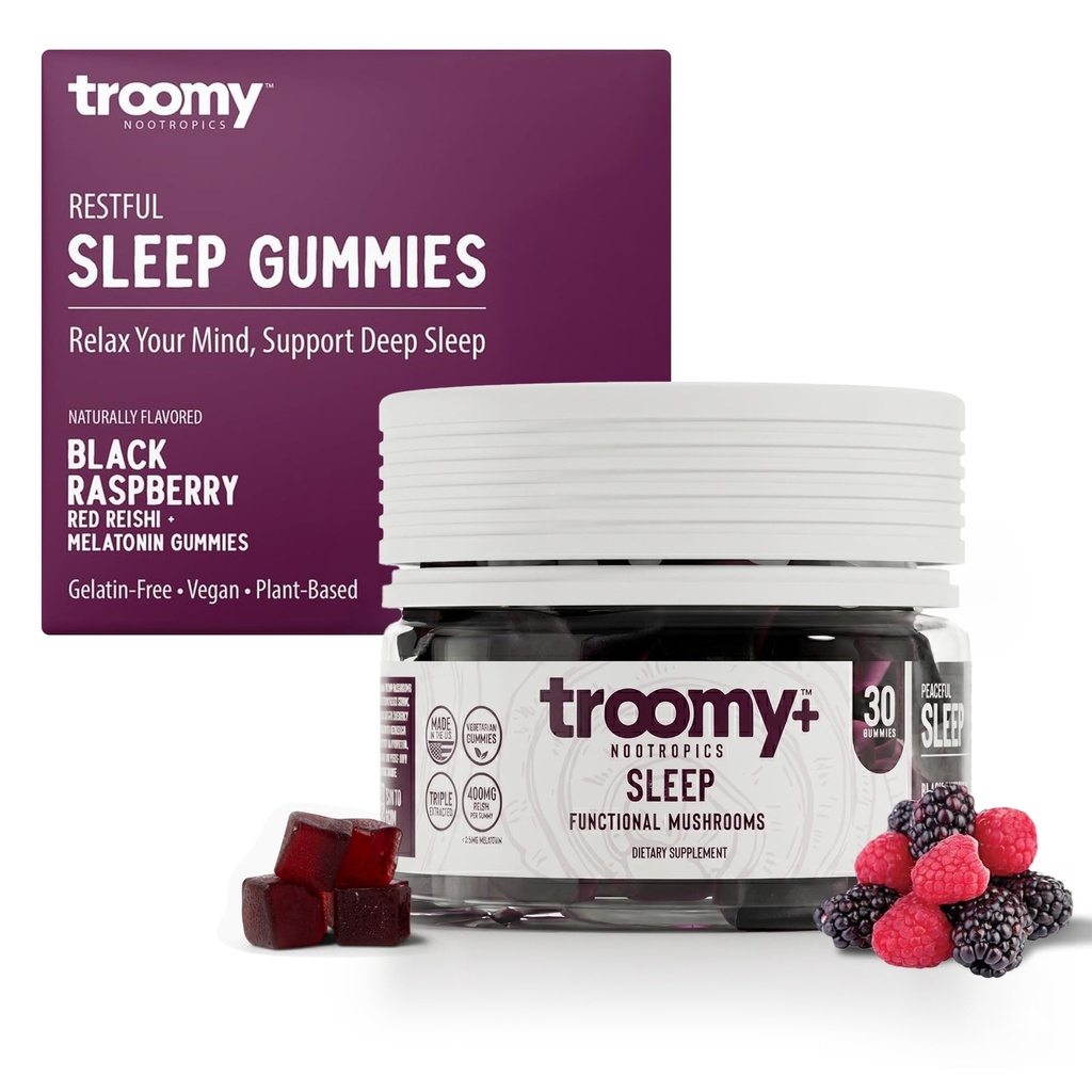 Troomy Sleep Reishi + Melatonin Gummie di funghi di grande gusto - Supporta il sonno riposante - Black Raspberry - 30 Conte