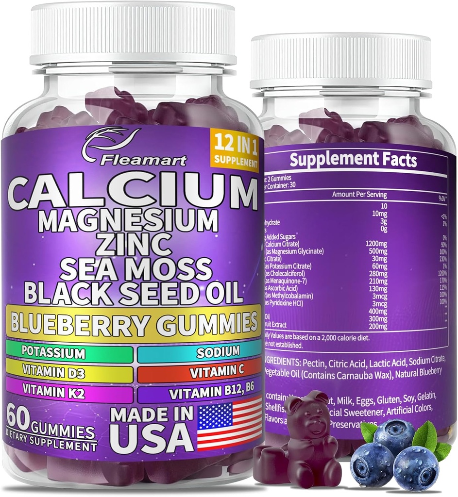 Calcio Magnesio Zinco Supplemento Gummies Zucchero Libero per Donne e Uomini Calcium Gummies Supplemento Bone & Immune Supporto Made in USA 60 Contenitori Blueberry Flavor