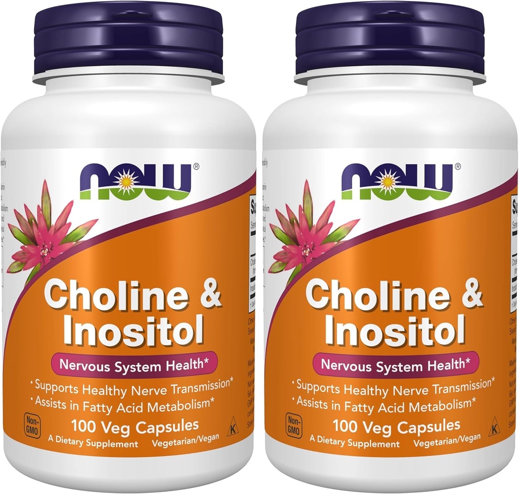 NOW Supplementi, Choline & Inositol 500 mg, Trasmissione sana di nervi*, Salute del sistema nervoso*, 100 capsule (pacchetto di 2)