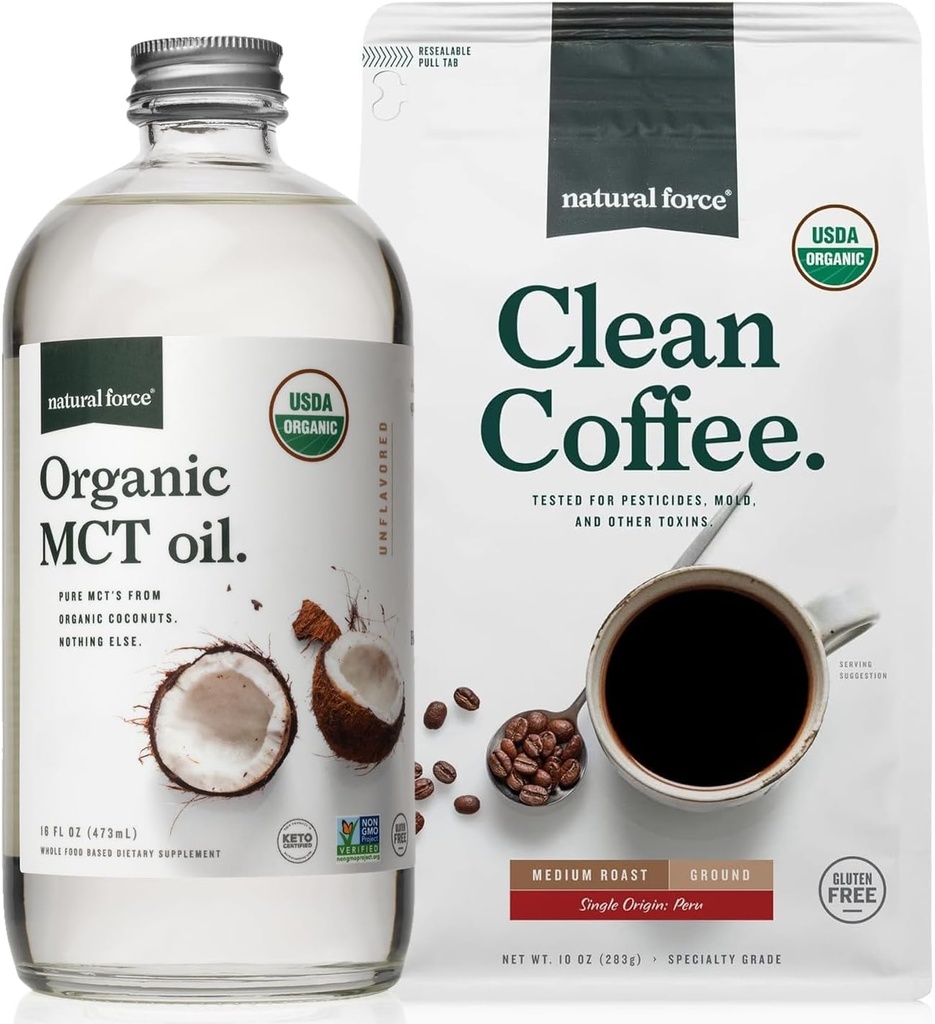 Natural Force Organic Ground Clean Coffee + Organic MCT olio Bundle – 100% Pure Coconut MCTs & Mold & Mycotoxin Free Coffee – Non-GMO, Keto, Paleo e Vegan - 10 Oz Bag e bottiglia di vetro 16 Oz