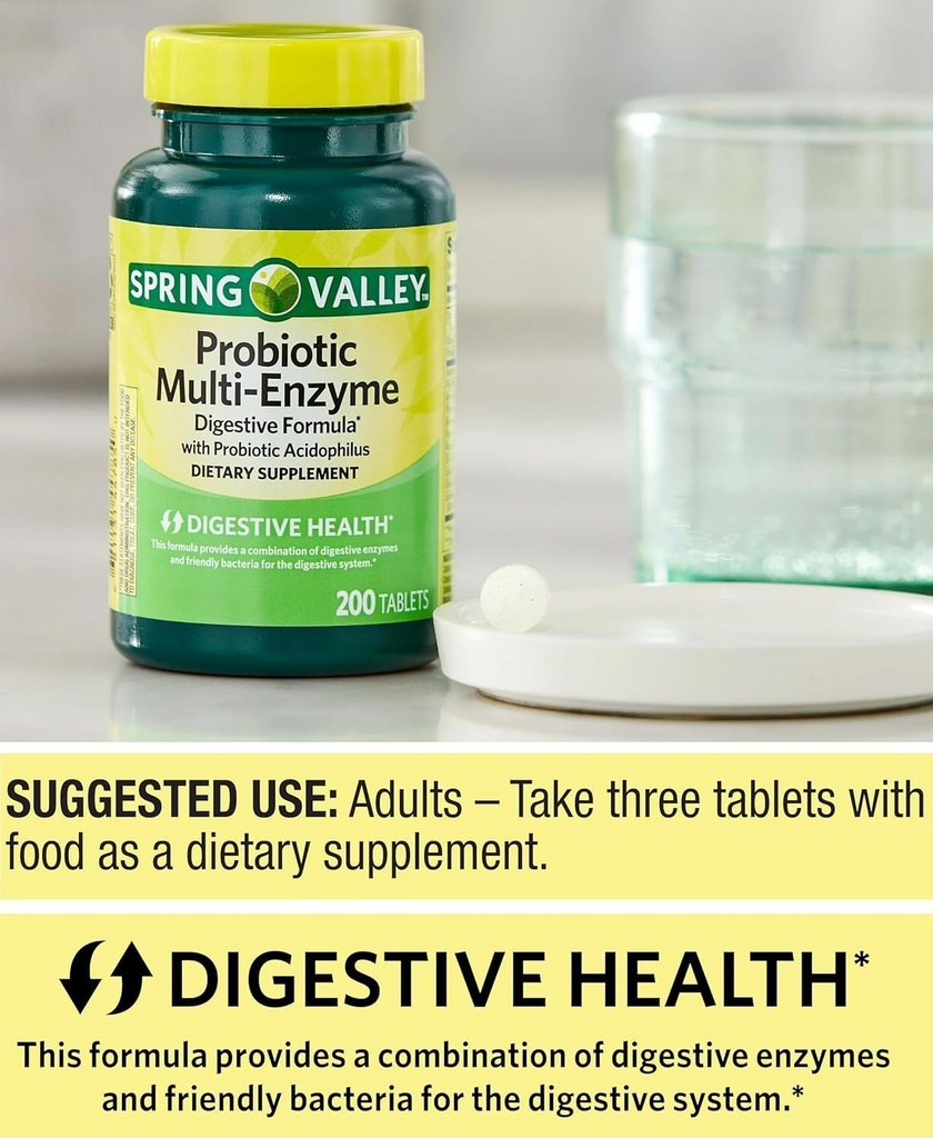 Integratore probiotico con enzimi digestivi per uomini e donne, 200 compresse - Include Acidophilus, e Prebiotici per la salute e il supporto digestivo | Probiotici della Valle di Primavera Multi-Enzime