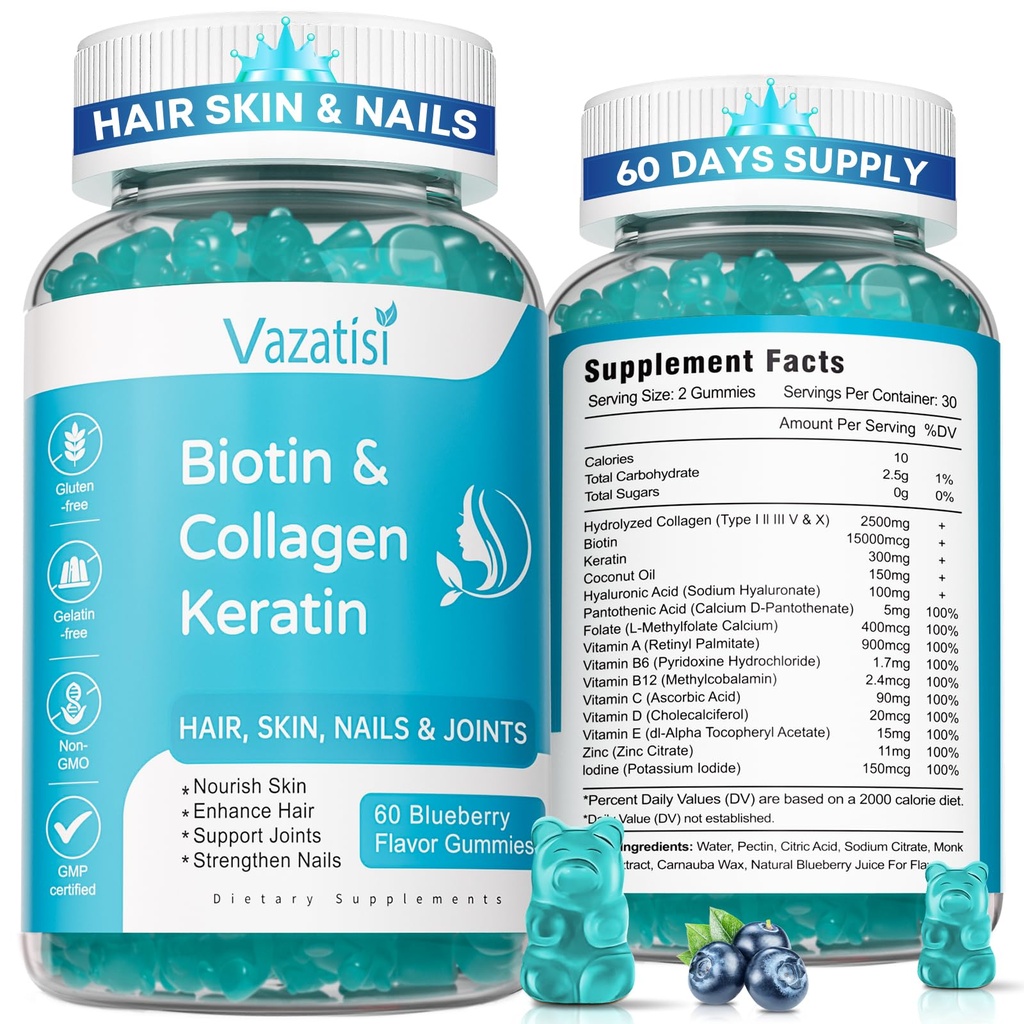 2 pacchi di biotina con collagene e cheratina per capelli pelle unghie- donne uomini, bambini - 120 mirtillo Gummie aromatizzate