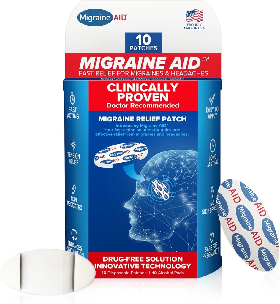 Migraine AID Migraine Relief Patches - Fast Acting, supporto non Medicated per la tensione della testa, facile da applicare mal di testa, sicuro per uso quotidiano, 10 Patches emicrania monouso, Made in USA