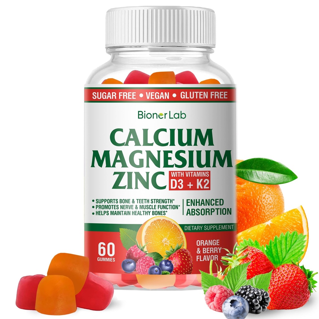 BionerLab Calcium Magnesium Zinc Gummies con Vitamina D3 & K2 - Assorbimento potenziato ad alta potenza - Arancio e Aroma di bacche