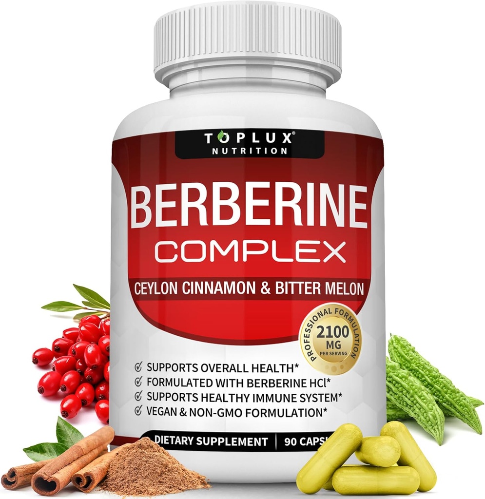 Toplux Berberina con Ceylon Cinnamon e Bitter Melon 2100mg - Alta purezza 97% HCL Berberina Supplemento, Supporti Salute & Sistema immunitario, Non OGM Vegan 90 capsule