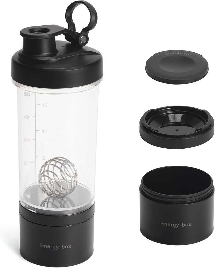 Blender Protein Shaker Tritan Bottiglia con Pillola/Powder Contenitore di stoccaggio per flacone da allenamento Protein Shakes-pre-Mixer Cup-Gym Sport Bottiglia di acqua con palline di Whisk Black