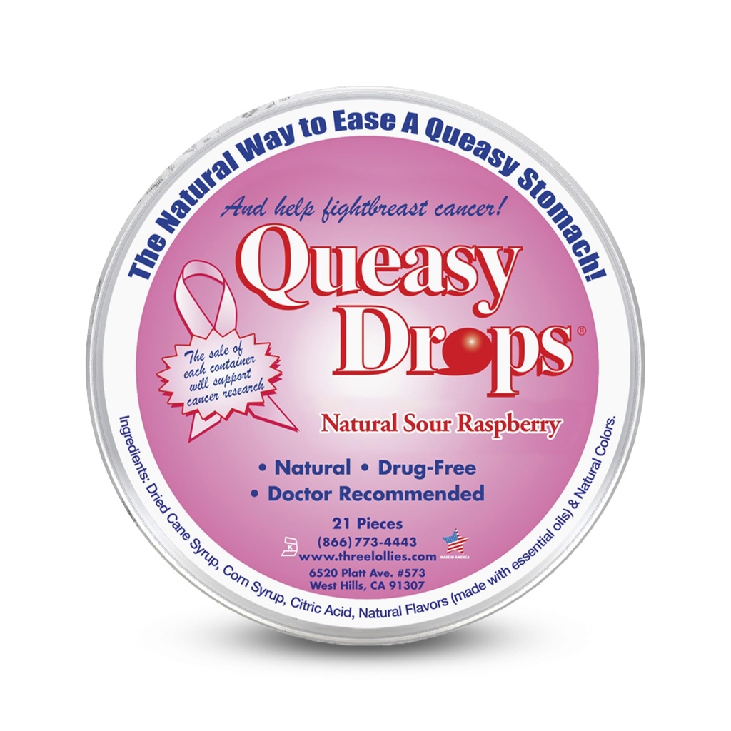 Tre pillole Queasy Drops - Sour Raspberry Flavor - Malattia di viaggio & Nausea sollievo, Soothes Stomach & Dry Mouth, Ingredienti naturali - 21 ct