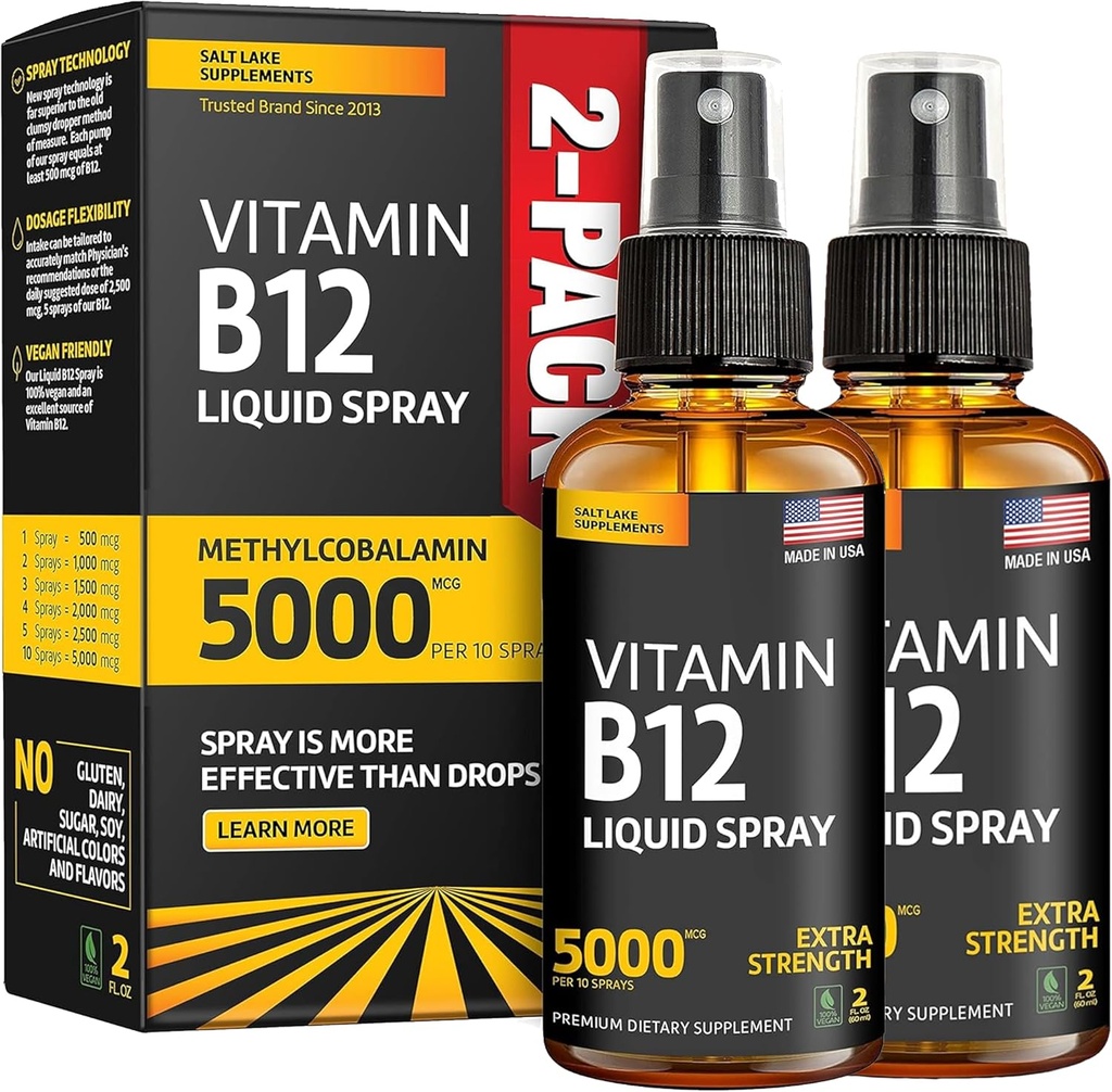(2 Pack) - Liquido B12 Spray 5000 mcg - Vitamina B12 Sublingual - Vegan B12 Vitamin Spray - Methylcobalamin Vitamin B12 Liquid Boosts Energy & Mood - Gluten-Free & Non-GMO