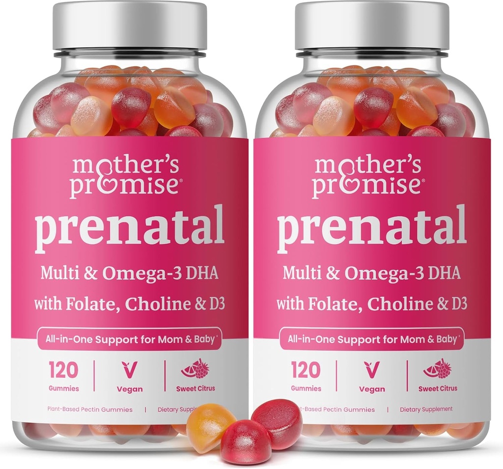 Vitamine Prenatali con DHA | Vitamine Prenatali Vegane per le Donne con Omega 3, Folate, Choline & D3, Vitamine di Gravidanza per lo Sviluppo Fetale | Integratore Multivitaminico Gummy, 120 Conte (2-Pack)