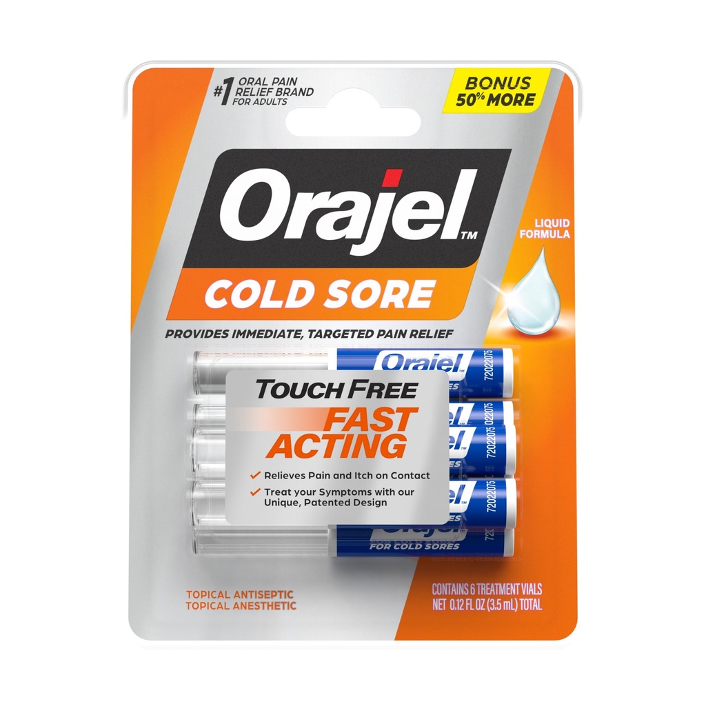 Orajel Touch Free Cold Sore Treatment .12oz, Liquid Formula, Fornisce immediato e mirato dolore sollievo, Bonus Size, 6 candidati.