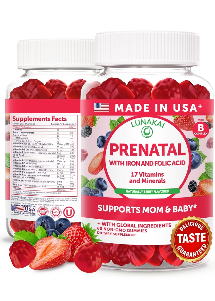 Lunakai USA ha fatto vitamine prenatali con ferro e acido folico - Deliziosa gravidanza Multivitamina Gummies per le donne, 60 conte