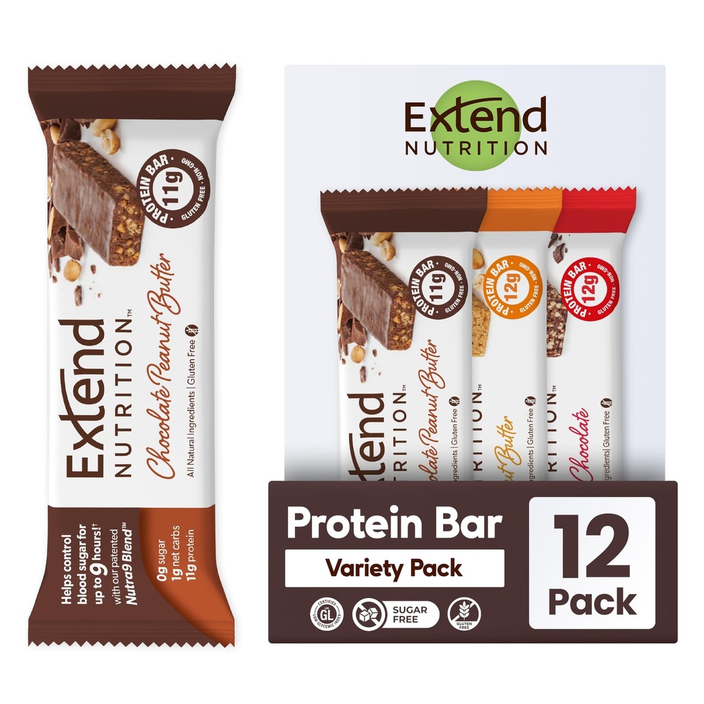 Estendere barre di proteine senza zucchero, snack diabetici perfetti, alta proteina e fibra, controllo della fame & energia pulita, basso carbo, Keto Friendly (12 conte, pacchetto di varietà)