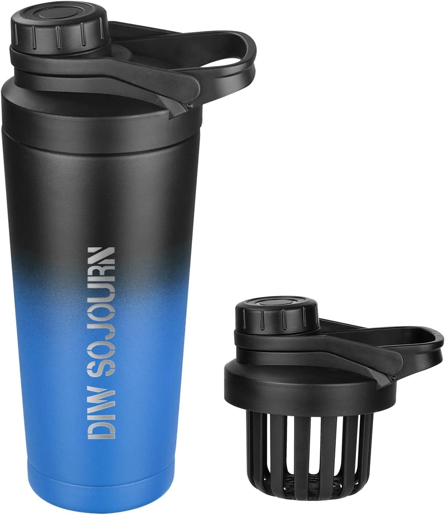 DIW 24 oz Shaker Bottiglia,Boriglia in acciaio inossidabile con design senza rumore,Coppa di Shaker in metallo isolato per miscele di proteine e pre allenamento,Gym Cup Shaker(Black&Blue)