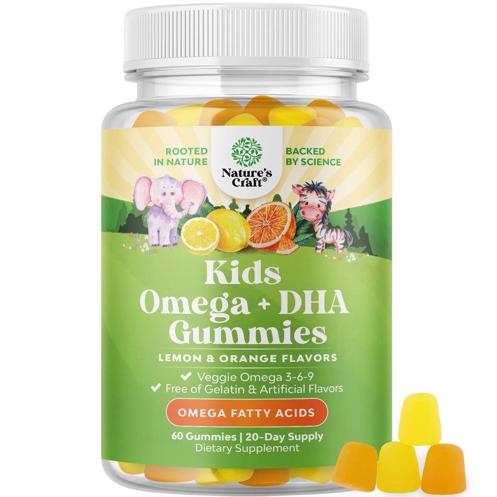 Bambini DHA Omega 3 Gummies - Grassy Acids Omega 3 6 9 per il cervello, Immune Forza & Vision - DHA nutrizionale per i bambini per il sano Nervous System & Focus Support - Fish Free, Vegan & Non-GMO - 60 Chews