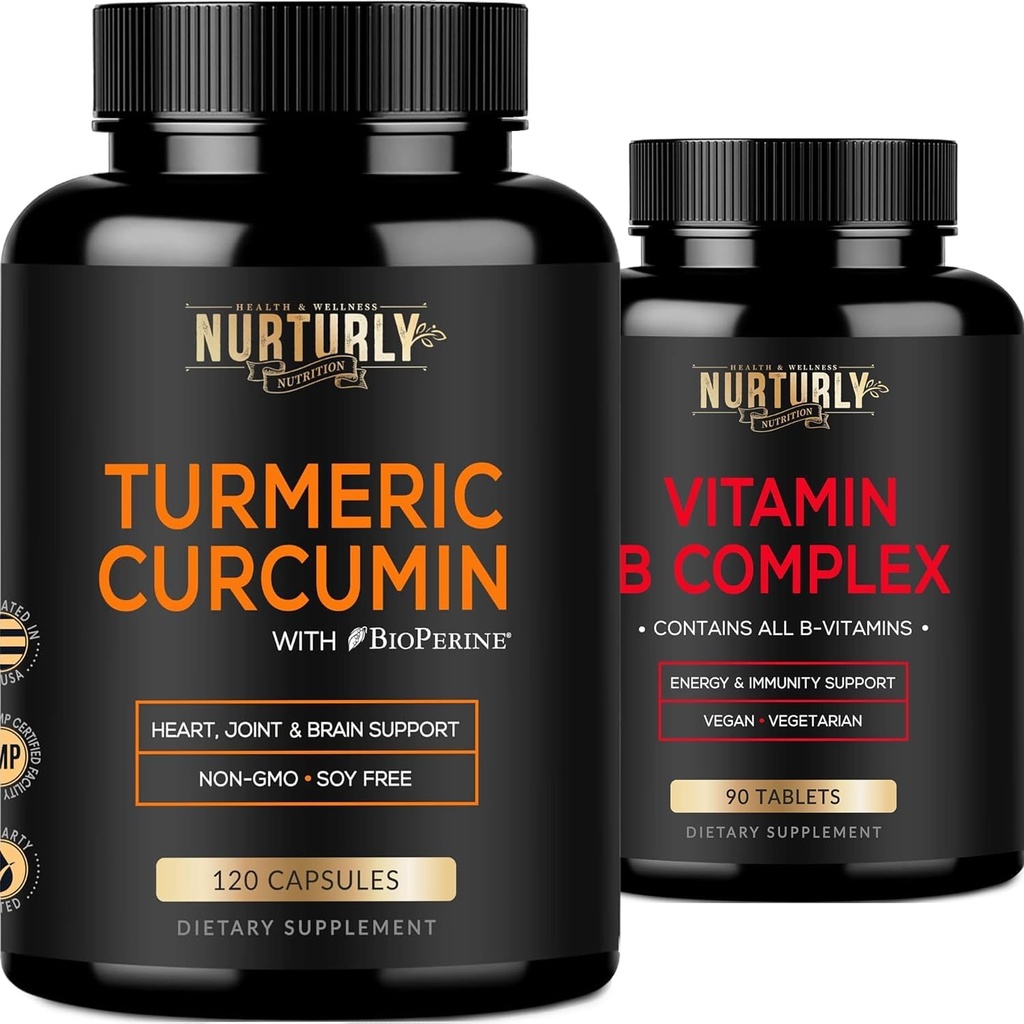 Vitamina B Complesso e curcumina currica - Contiene tutte le vitamine B essenziali - B1, B2, B3, B5, B6, B7, B9, B12 e Biotina - Integratori erboristici ad alto assorbimento 1300mg per Joint, Hearth Health