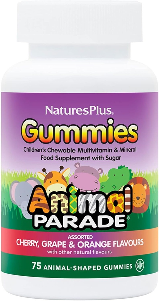 NaturesPlus Animal Parade Source of Life Gummies - Natural Orange, Grape e Cherry Flavors - 75 Gummies a forma di animale - Multivitamina del bambino di tutto cibo - senza glutine - 37 Serve
