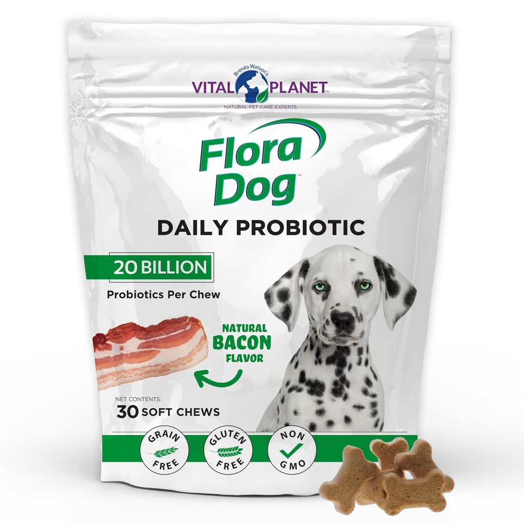 Vital Planet - Flora Dog Probiotics, Dog Chews Supplemento con 20 Miliarde Culture e 11 Strains, Supporto Immune e Digestivo Probiotici per Cani, 30 Bacon Natural Aromaed Soft Chews