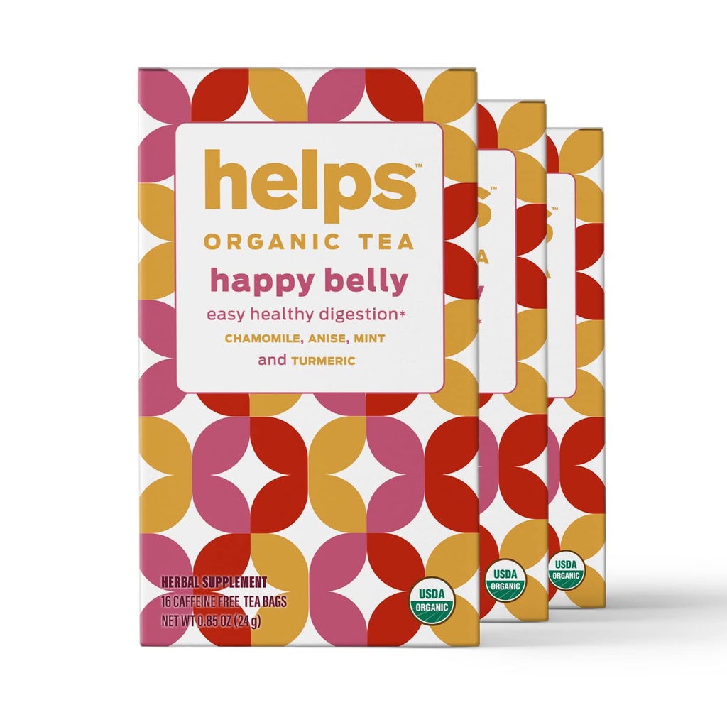 HELPS TEAS | Aiuta Happy Belly Tea | Organic Herbal Tea with Green Anise, Chamomile, Mint and Turmeric | 16 Tea Bags - Confezione di 3 |
