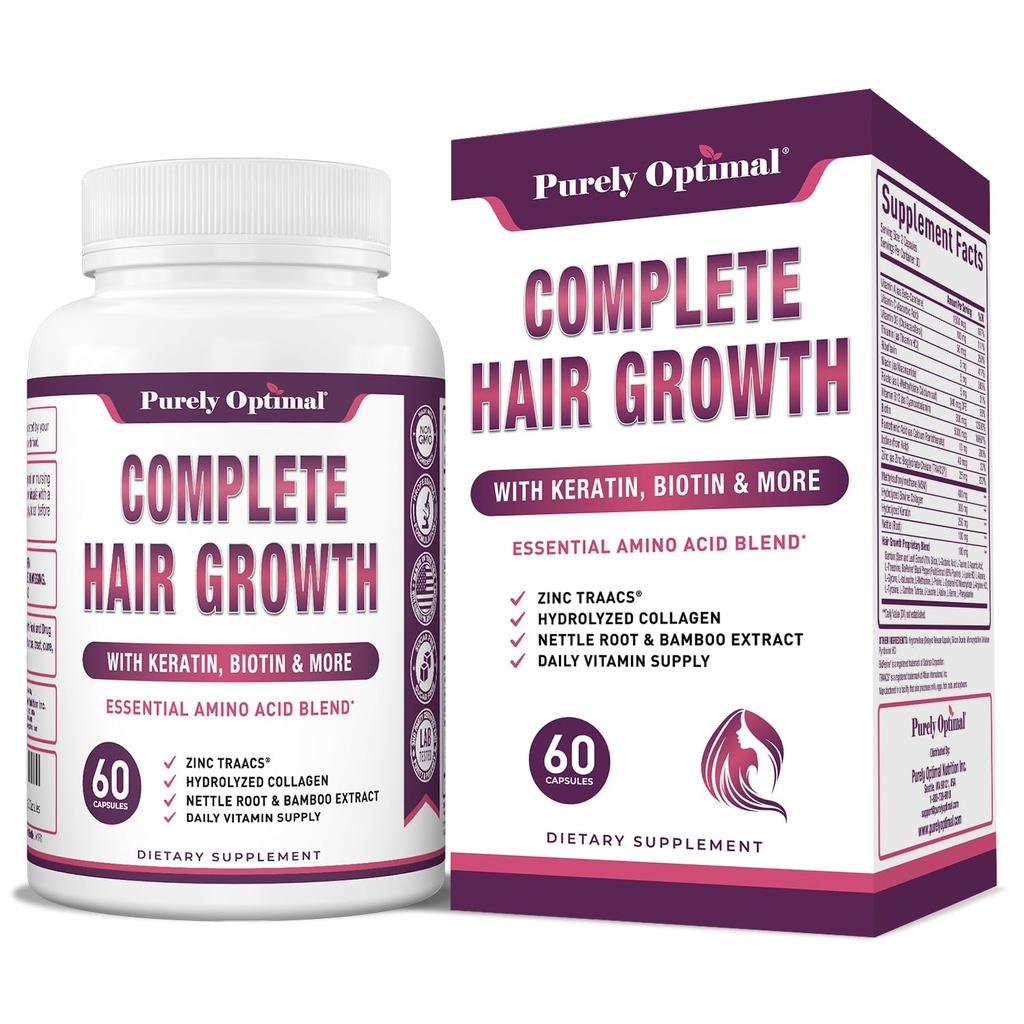 Pure Optimal Complete Hair Growth Vitamins for Women & Men – Supporta la crescita dei capelli più spessa, più forte, sana pelle & Nails – Biotina, Collagene, Keratina – Facile da prendere, non aromatizzato, 60 capsule
