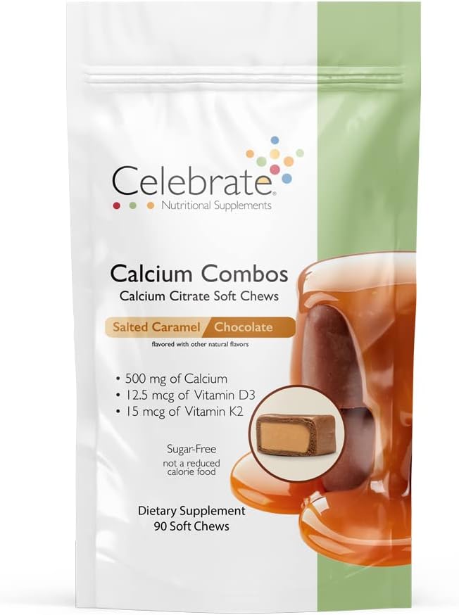 Celebrare Vitamine Bariatric 500mg Calcium Citrate Soft Chews Combo con 500 IU Vitamin D3 – Essenziale per Gastric Bypass Pazienti & Bone Salute - Zucchero & Gluten Free, Caramel Chocolate (90 Chews)