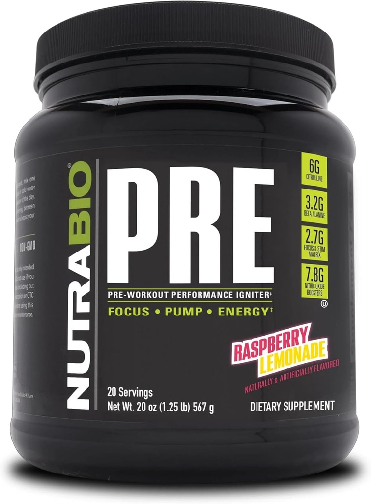 NutraBio PRE polvere di allenamento - Old Formula-Sustain Energy, Mental Focus, Endurance - Beta Alanine, Creatina, Caffeina, Elettroliti - 20 Serve - Raspberry Lemonade