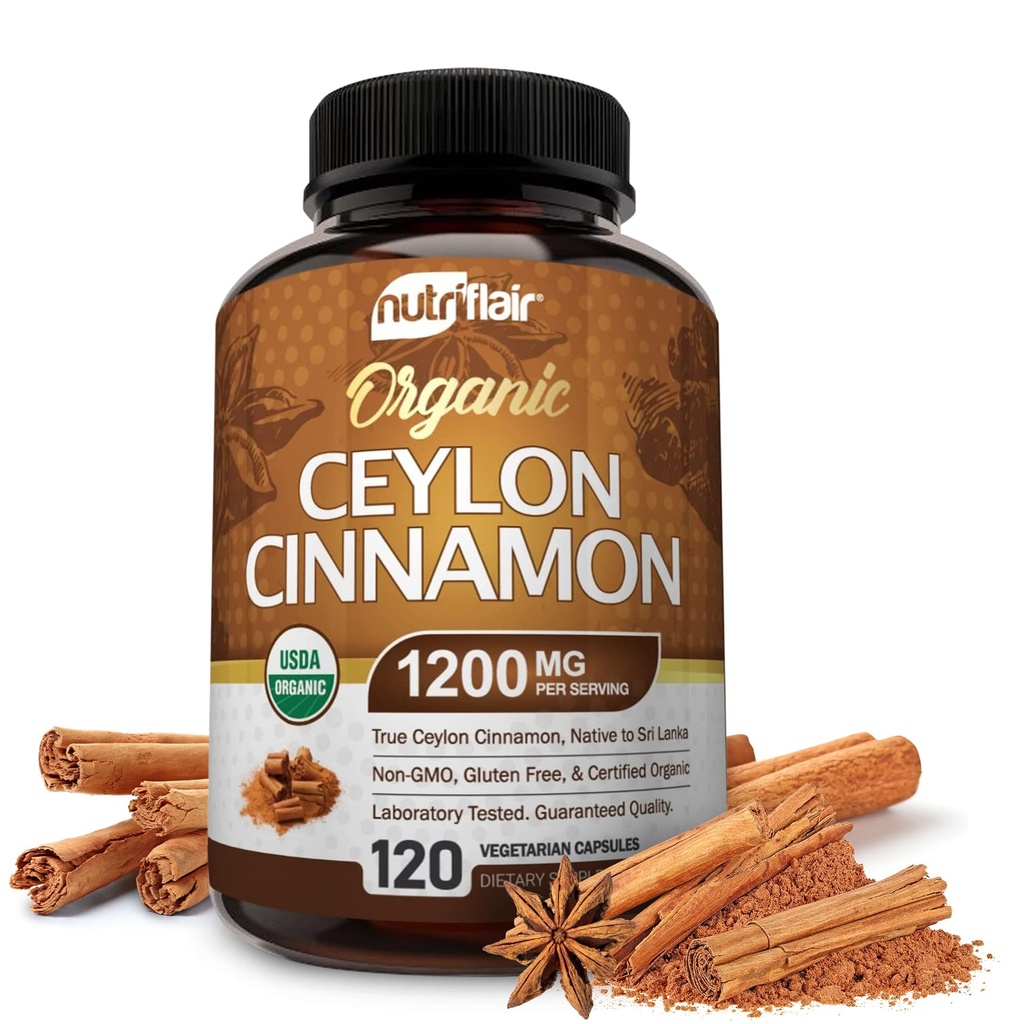 NutriFlair Organic Ceylon Cinnamon Supplemento 1200mg, 120 Capsule - Certificato USDA - Non OGM, Polvere senza glutine, pillole antiossidanti